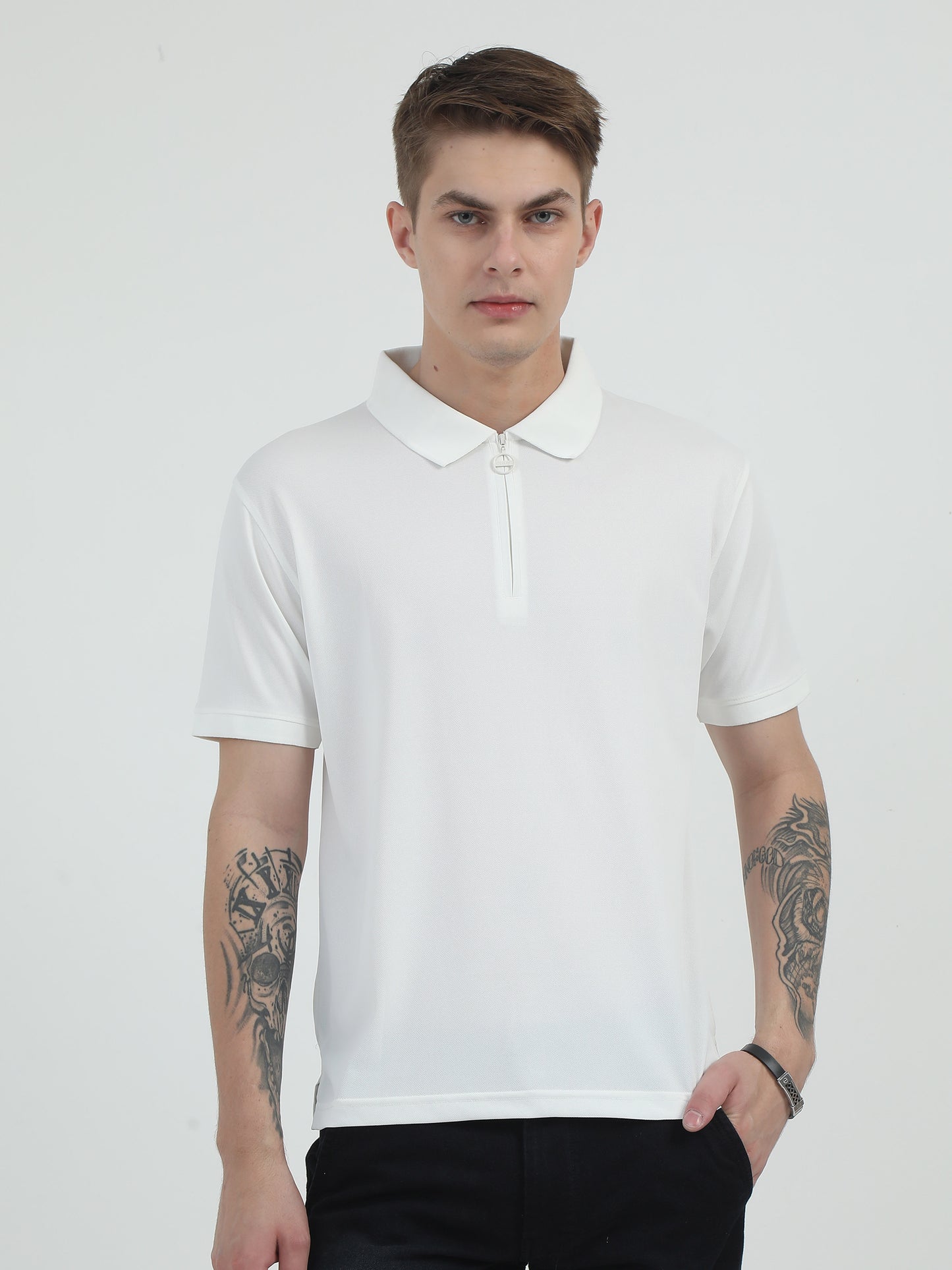 White Zipper Polo T Shirt - Caslay