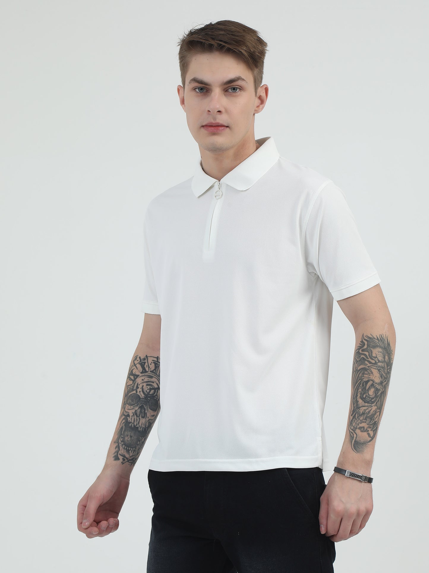 White Zipper Polo T Shirt - Caslay