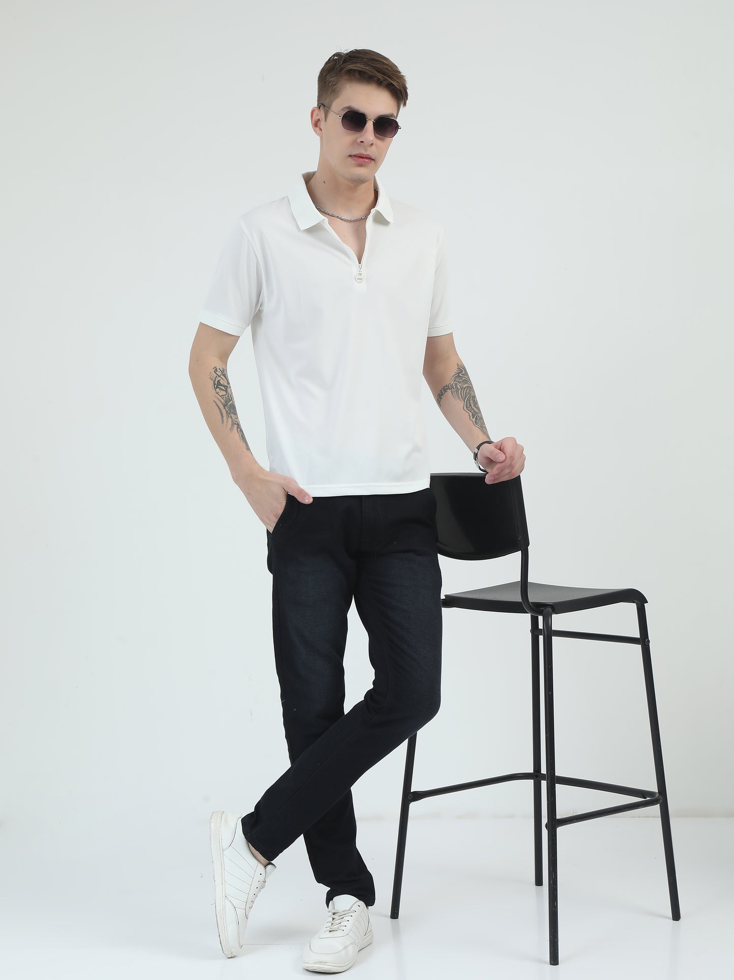 White Zipper Polo T Shirt - Caslay