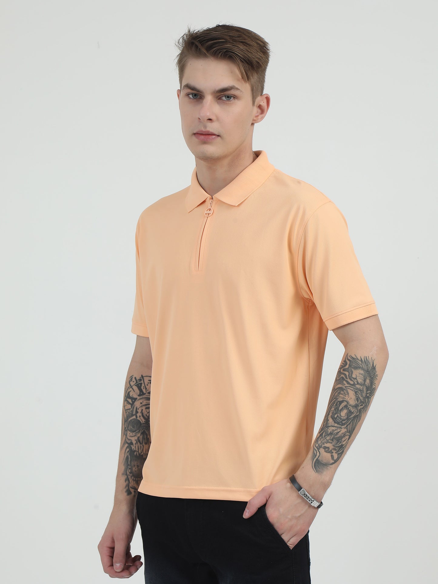 Peach Zipper Polo T Shirt