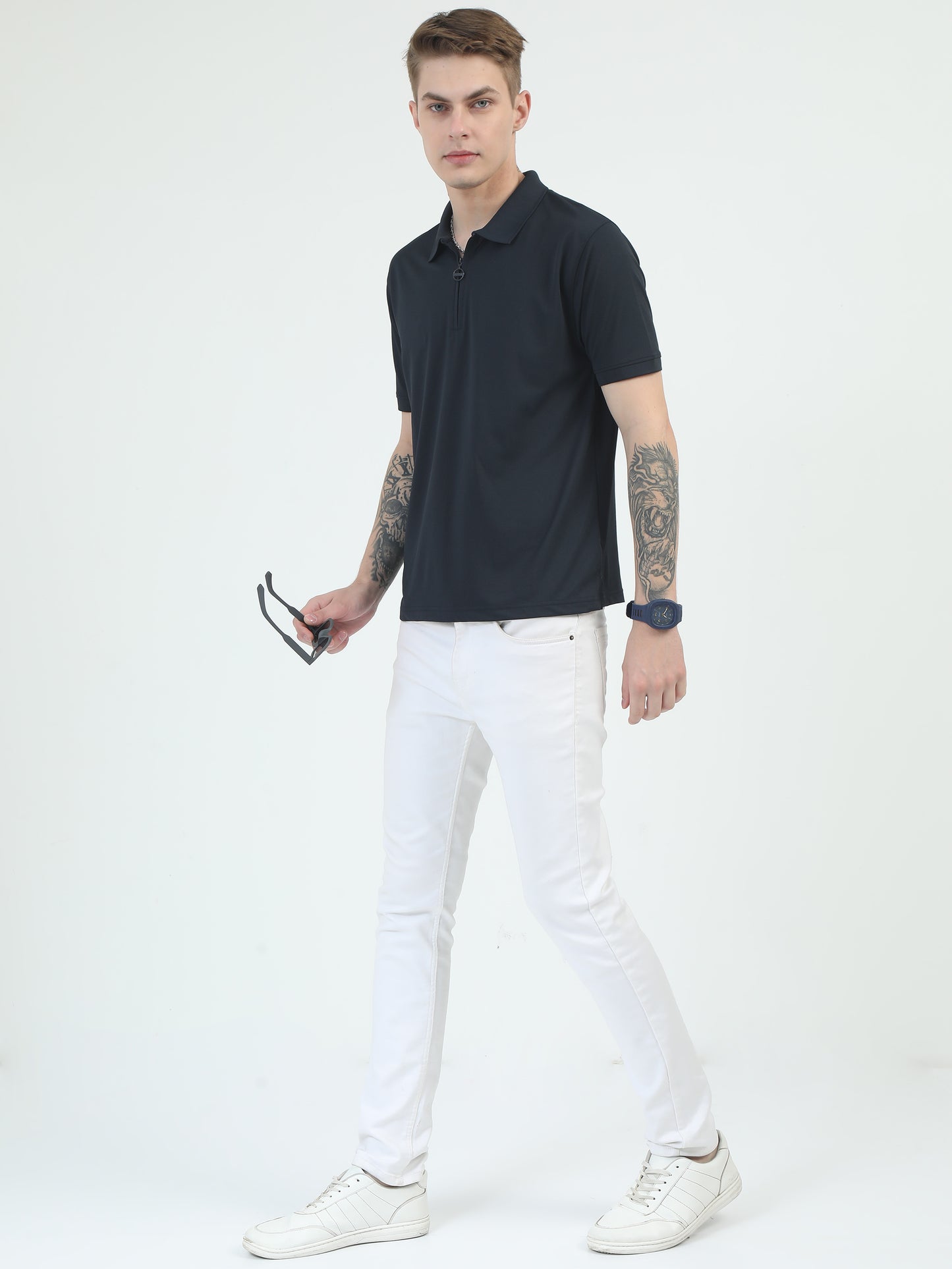 Grey Zipper Polo T Shirt - Caslay
