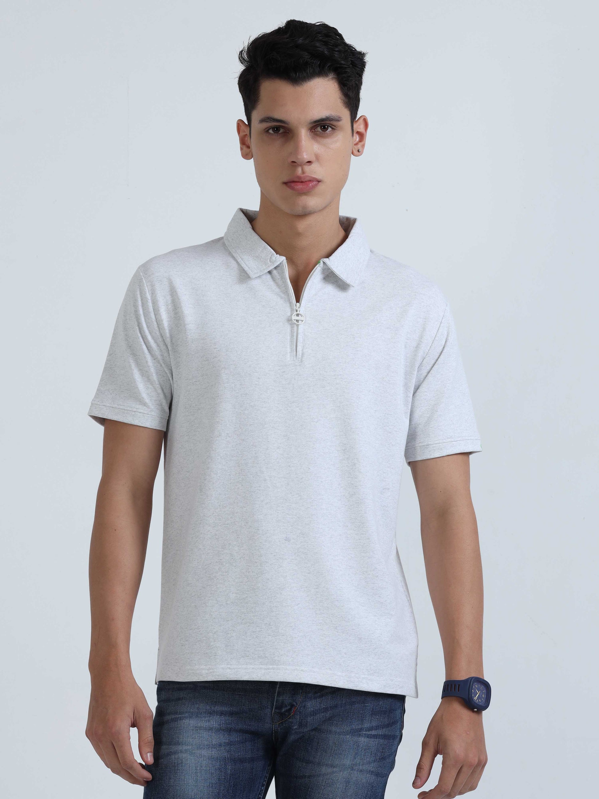  White Melange Sweat Absoring Polo T Shirt 