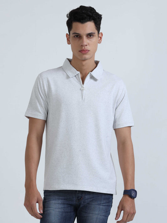  White Melange Sweat Absoring Polo T Shirt 