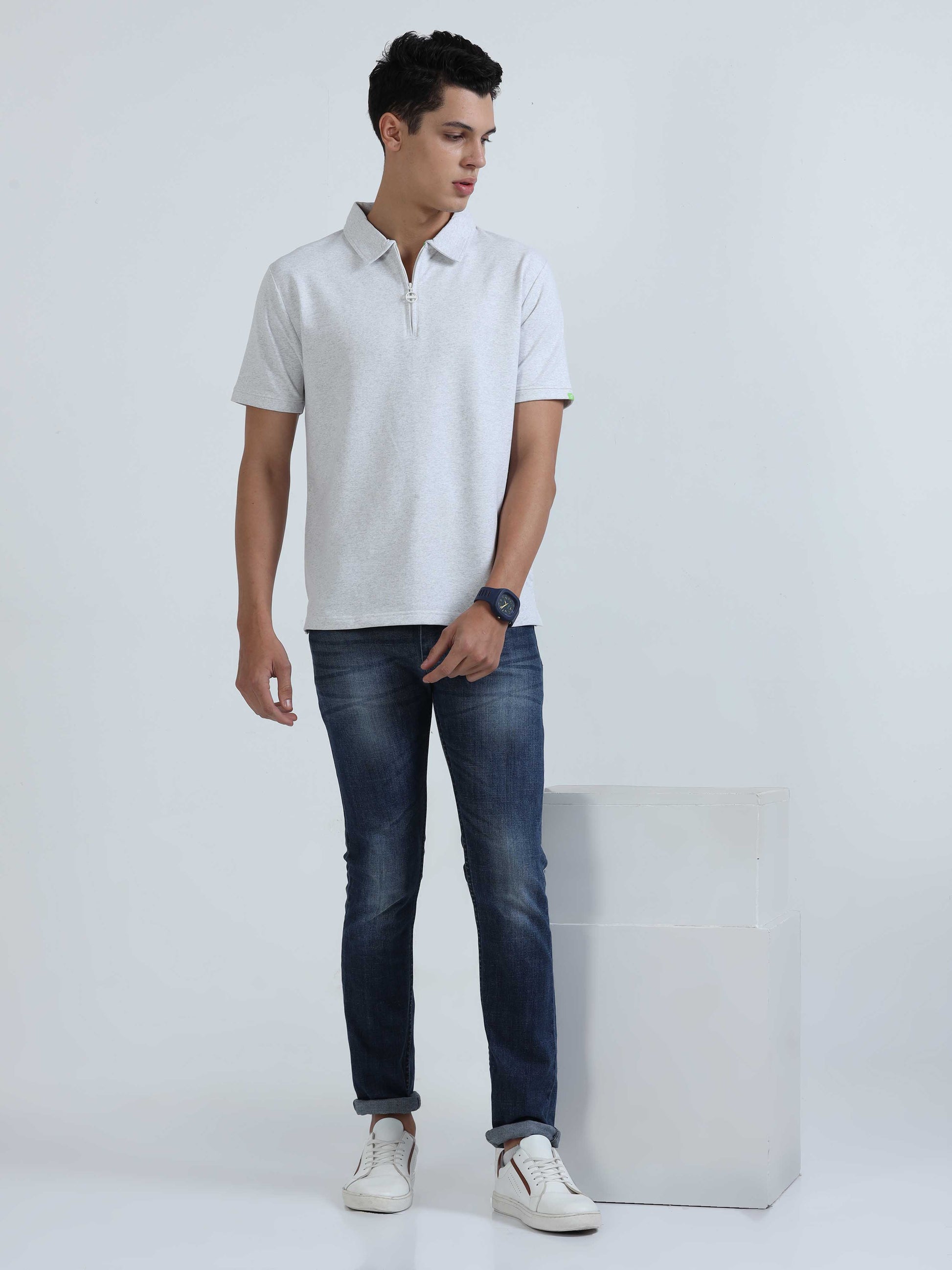  White Melange Sweat Absoring Polo T Shirt 