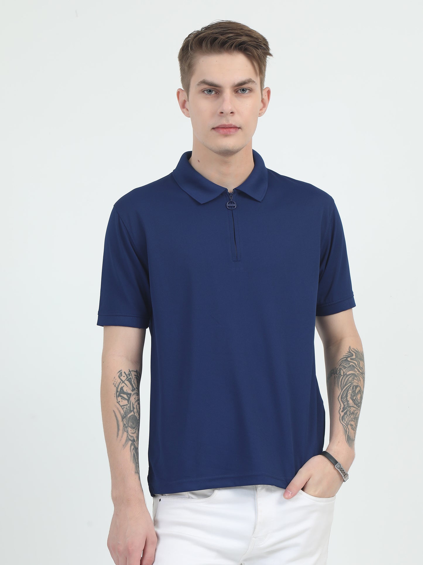 Navy Blue Zipper Polo T Shirt - Caslay