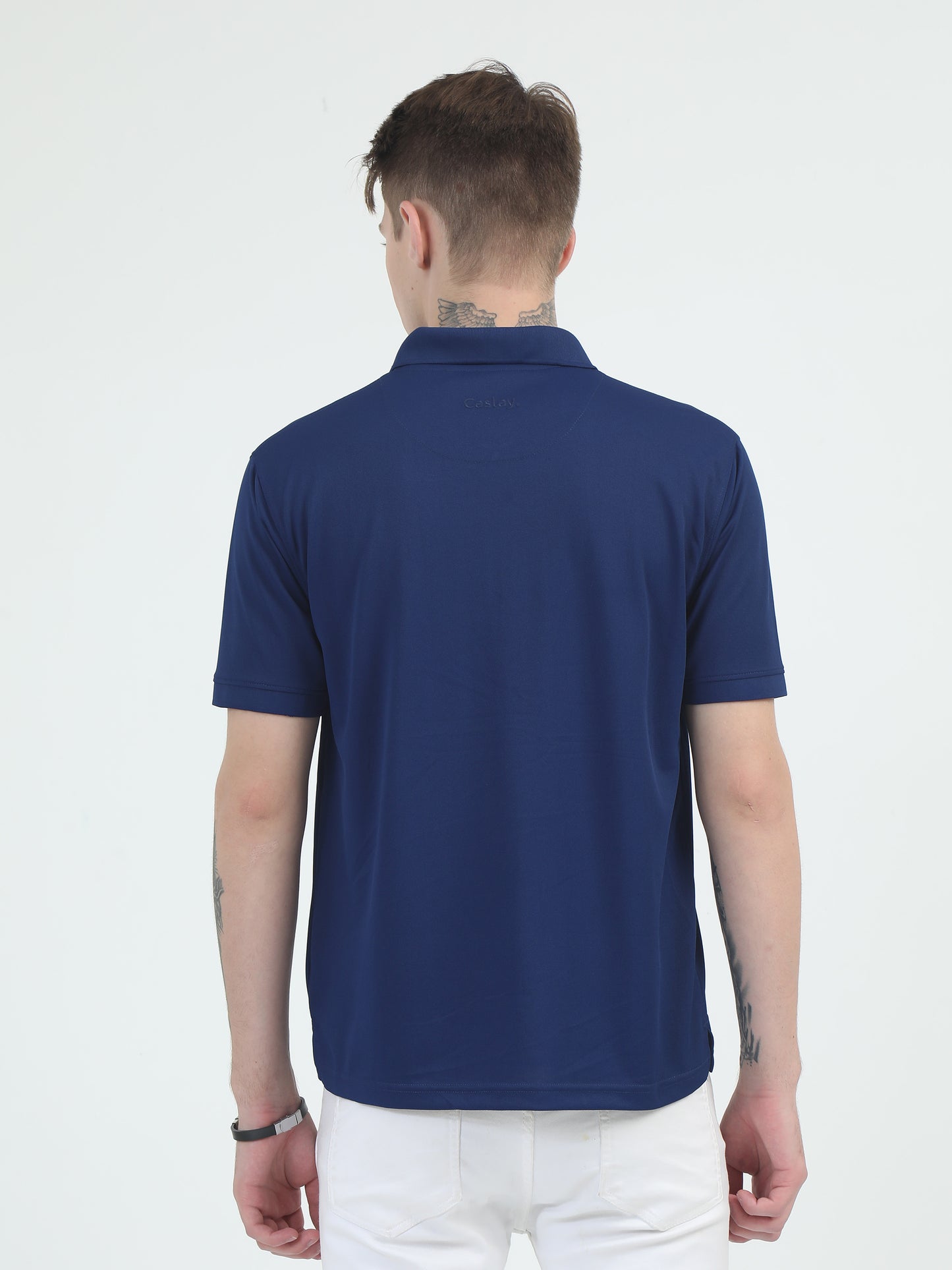 Navy Blue Zipper Polo T Shirt - Caslay