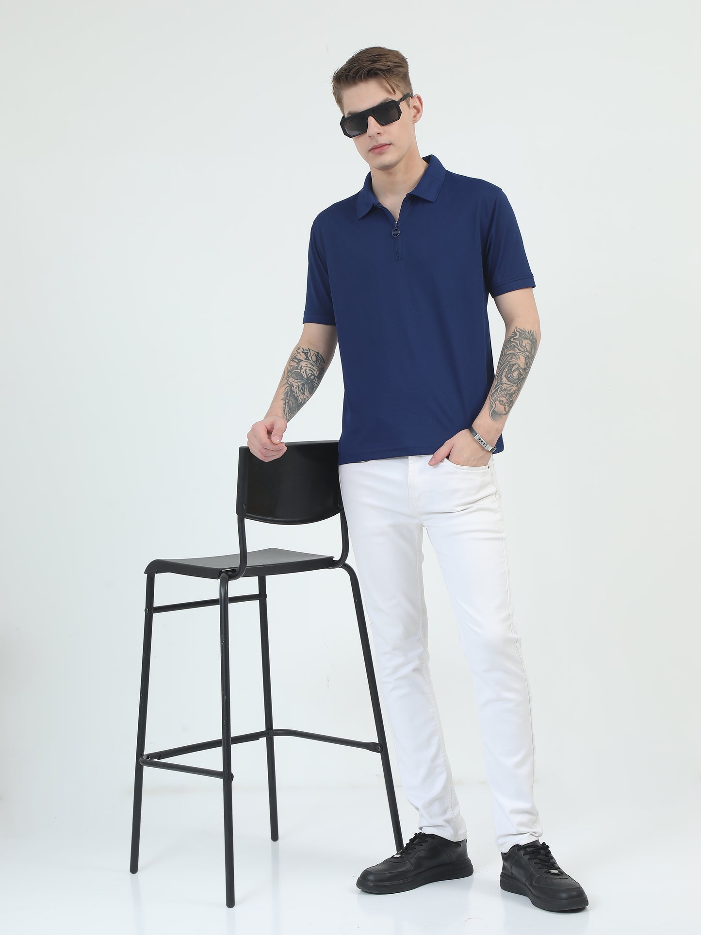 Navy Blue Zipper Polo T Shirt - Caslay