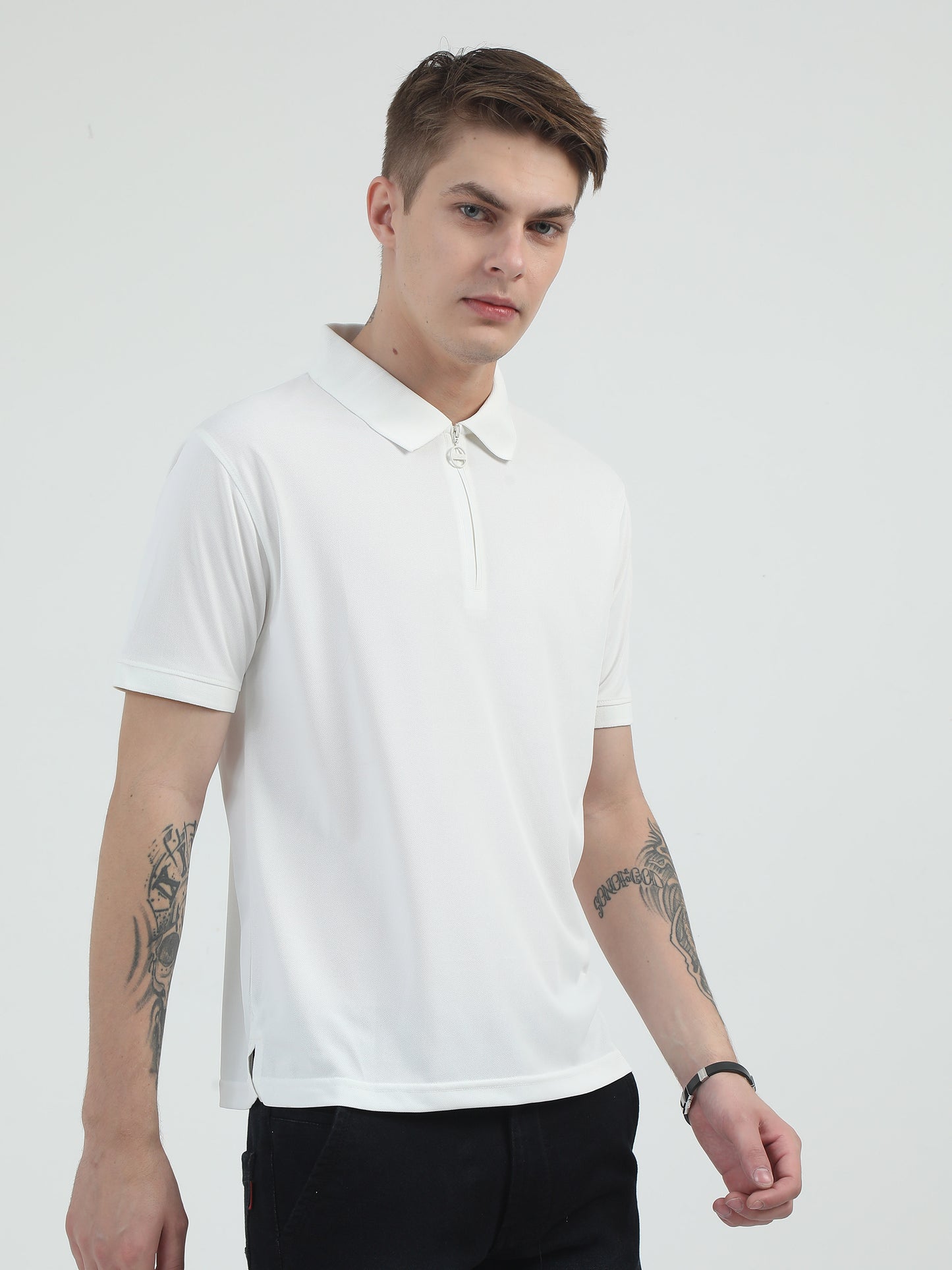  White Zipper Polo T Shirt - Caslay