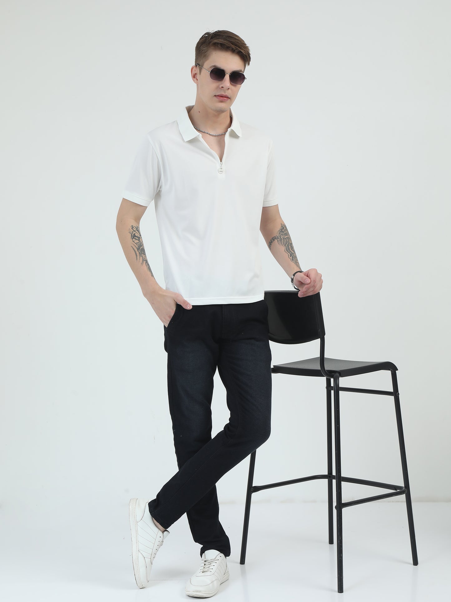  White Zipper Polo T Shirt - Caslay