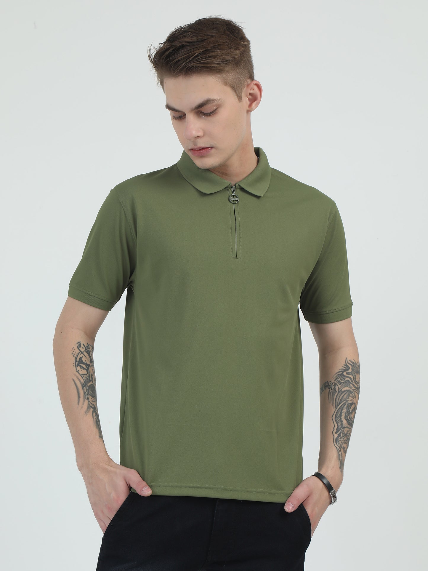 Olive Green Zipper Polo T Shirt - Caslay