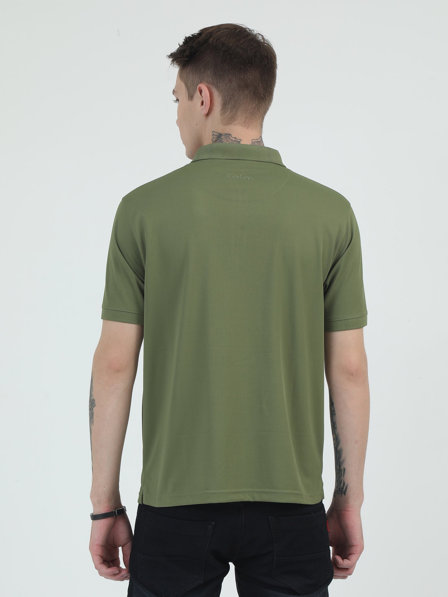 Olive Green Zipper Polo T Shirt - Caslay