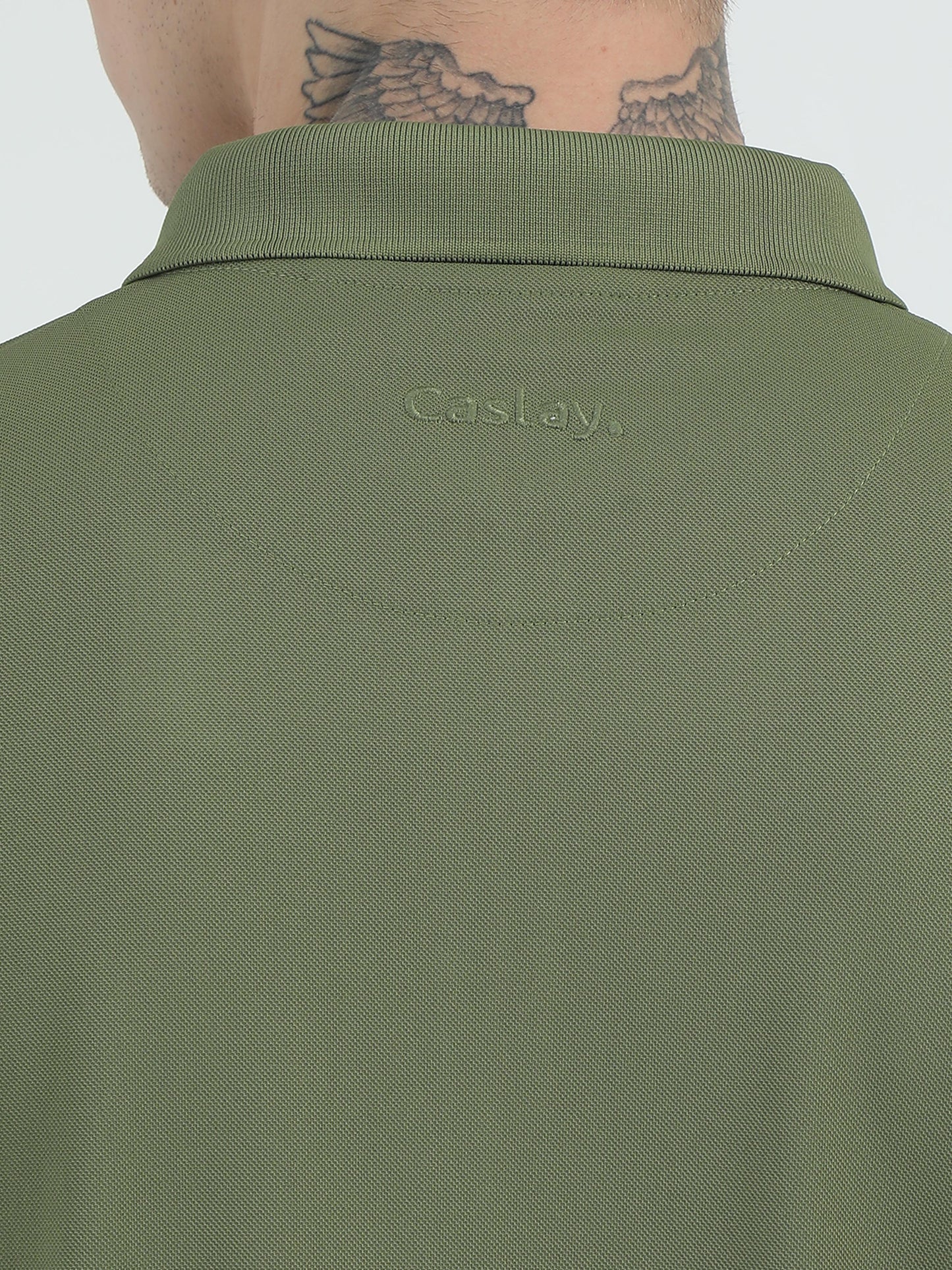 Olive Green Zipper Polo T Shirt - Caslay