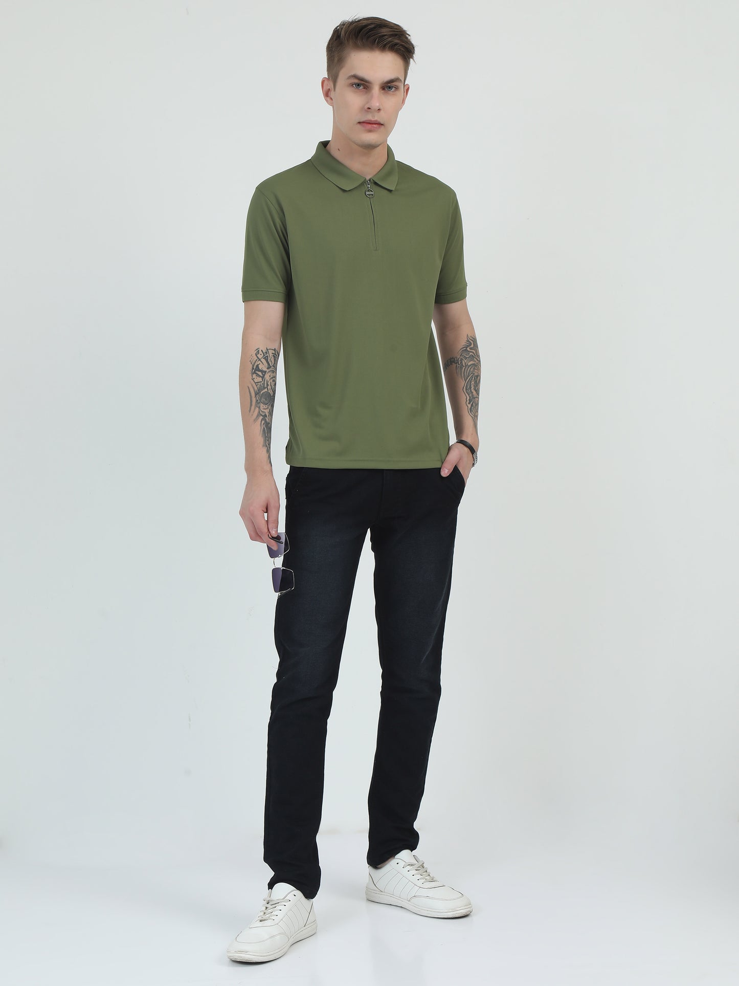 Olive Green Zipper Polo T Shirt - Caslay