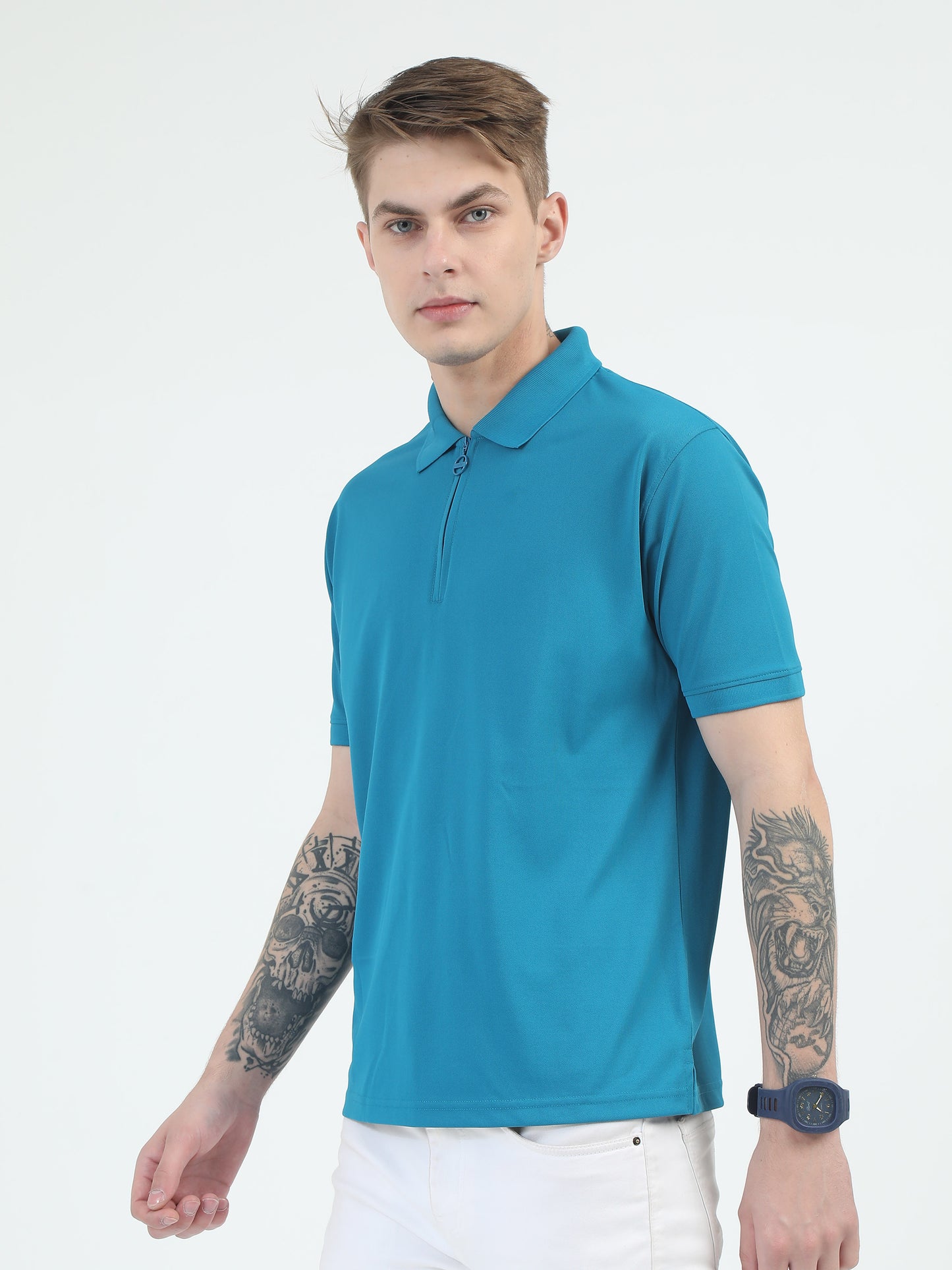 Blue Zipper Polo T Shirt for Men