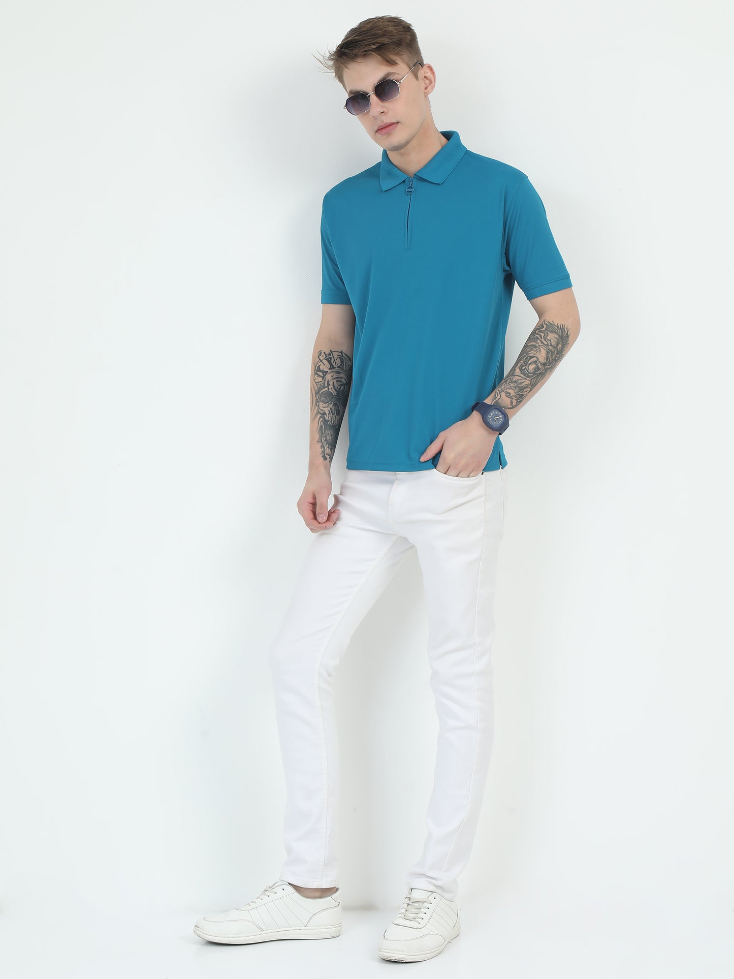 Blue Zipper Polo T Shirt for Men