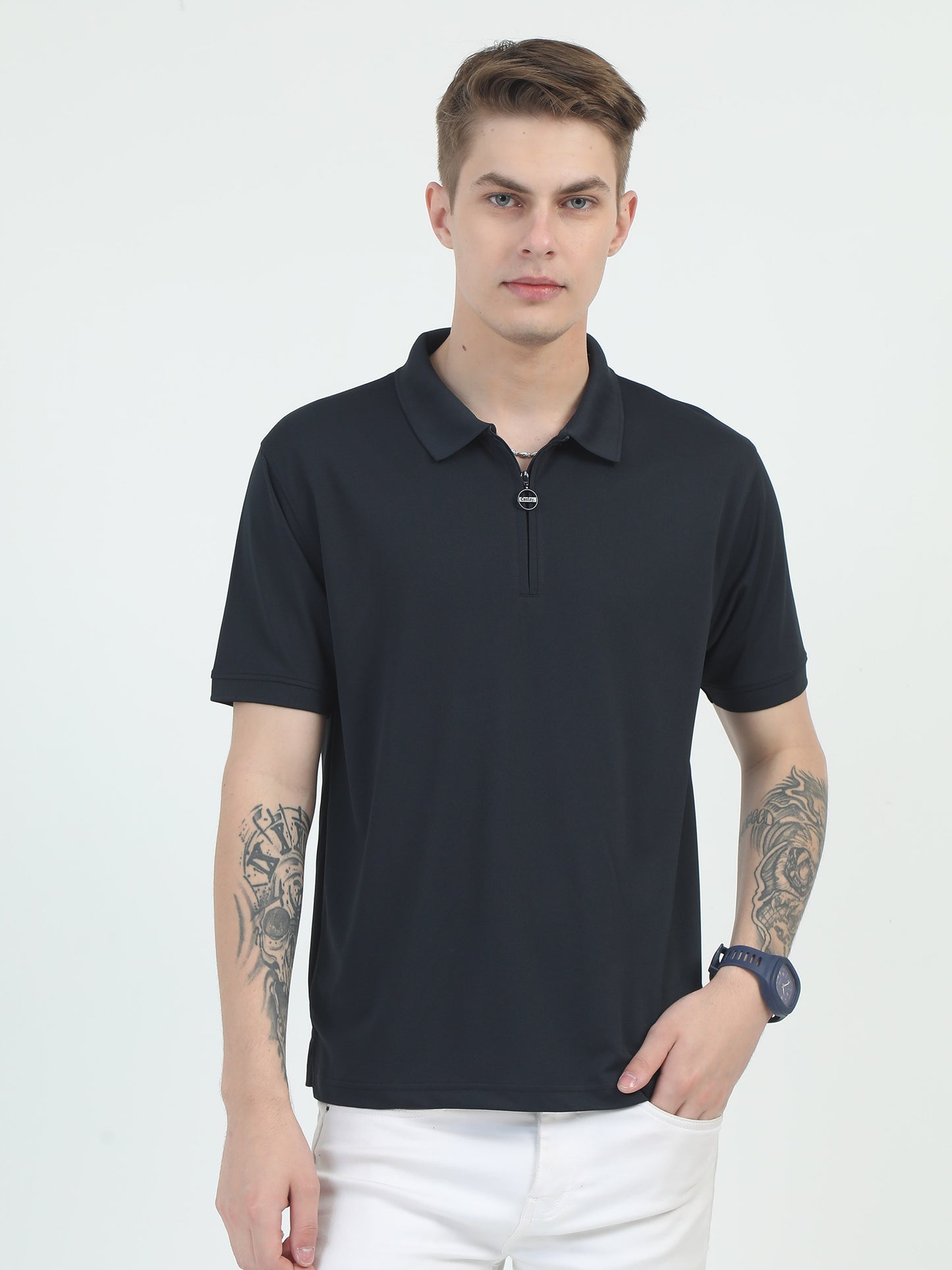 Grey Zipper Polo T Shirt - Caslay