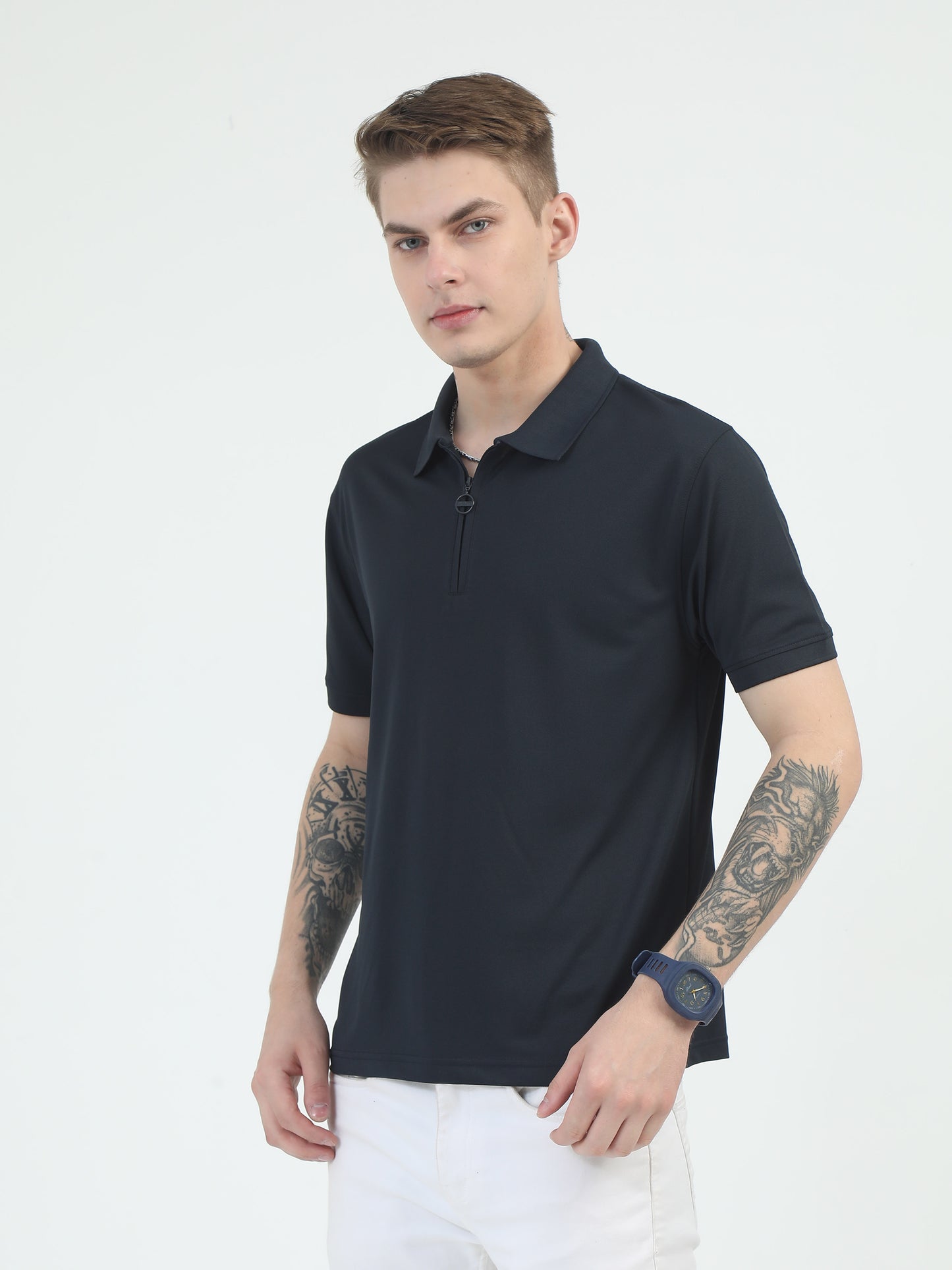 Grey Zipper Polo T Shirt - Caslay