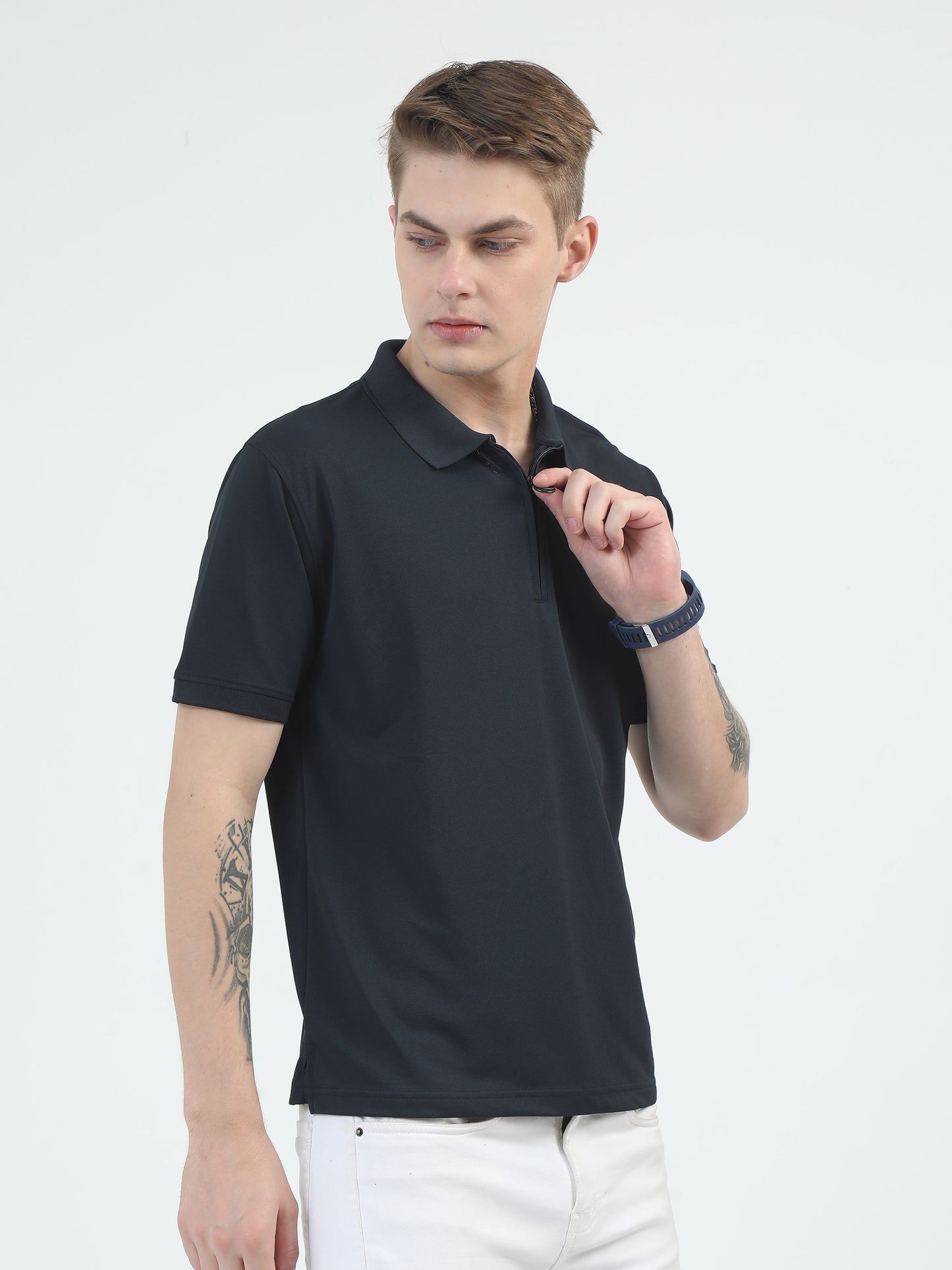 Grey Zipper Polo T Shirt - Caslay