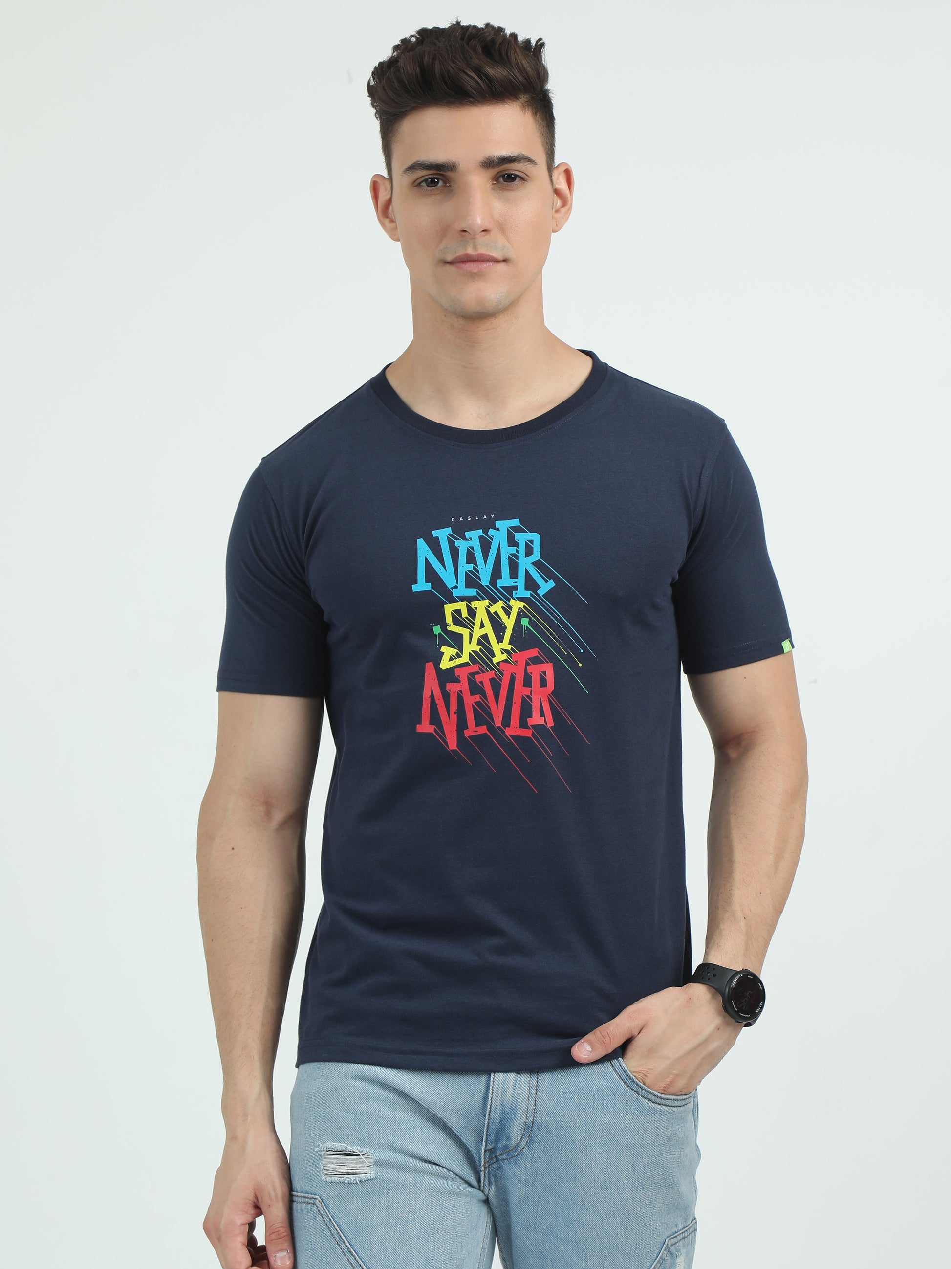 Sustainable Navy Blue Printed Round Neck T Shirt for Men