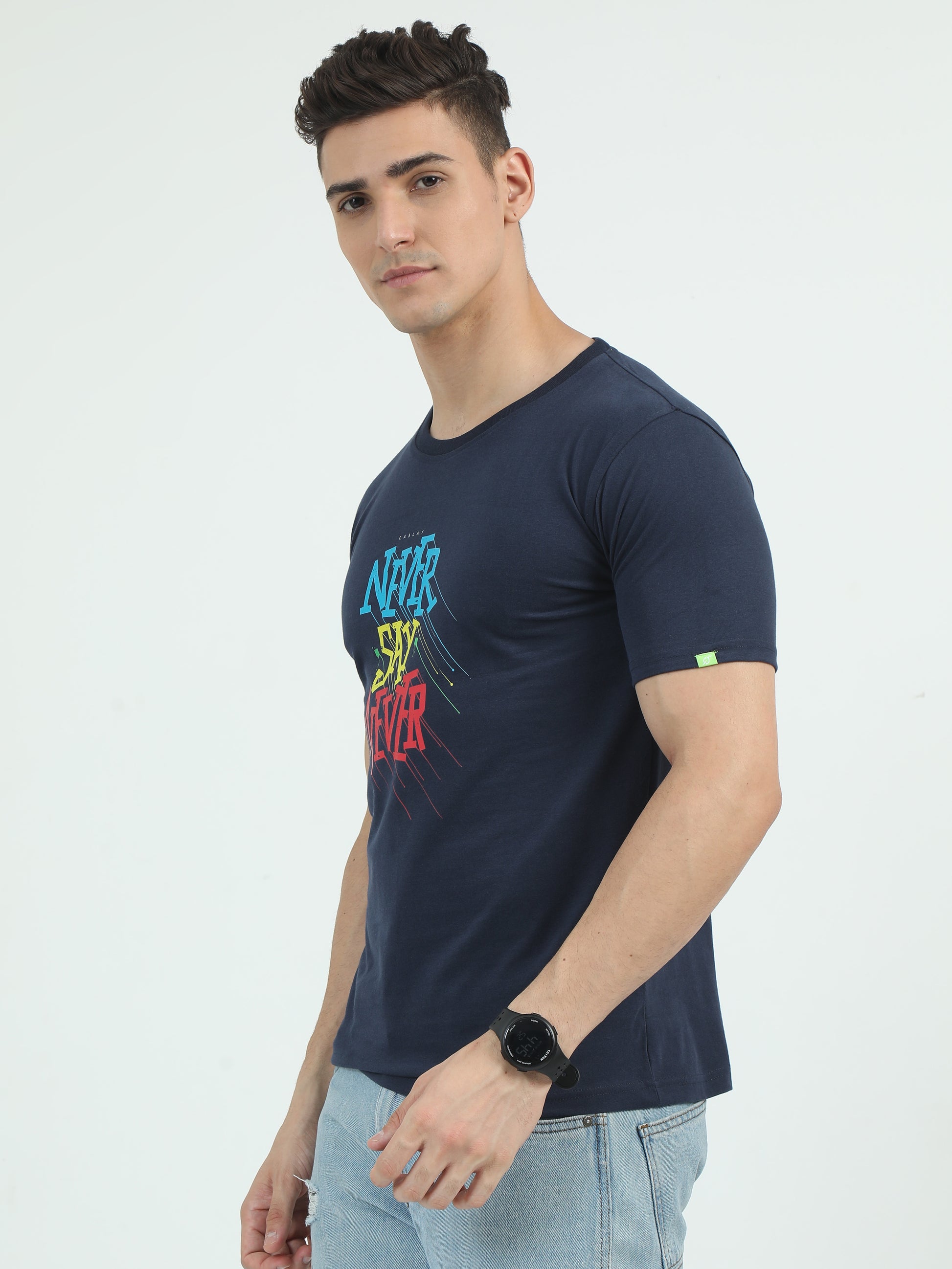 Sustainable Navy Blue Printed Round Neck T Shirt for Men