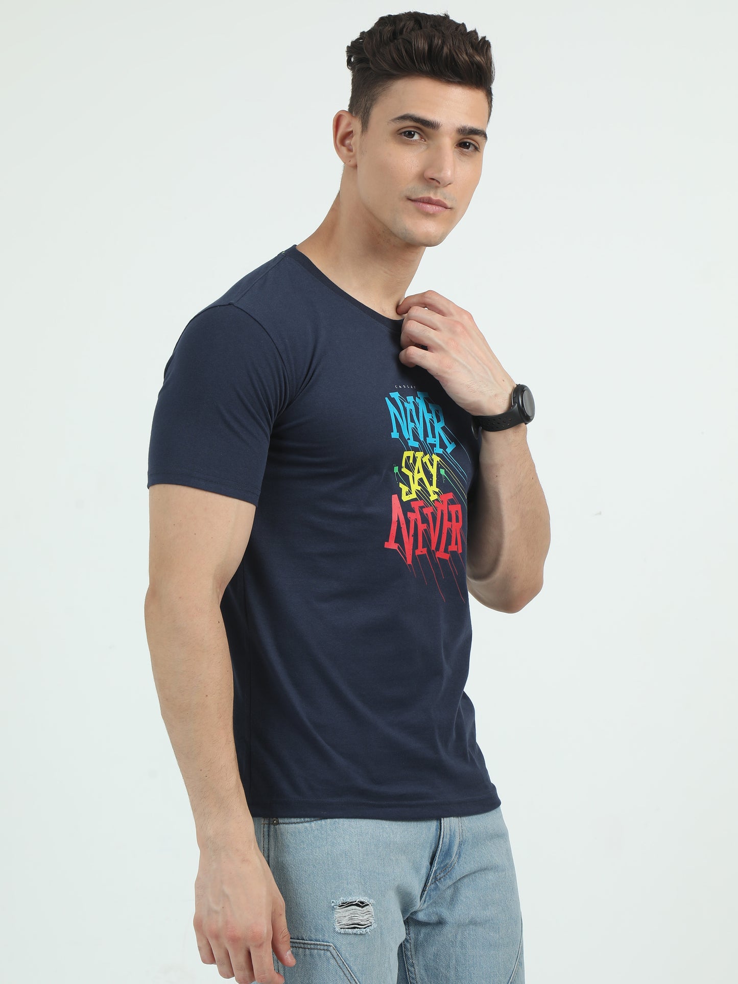 Sustainable Navy Blue Printed Round Neck T Shirt for Men