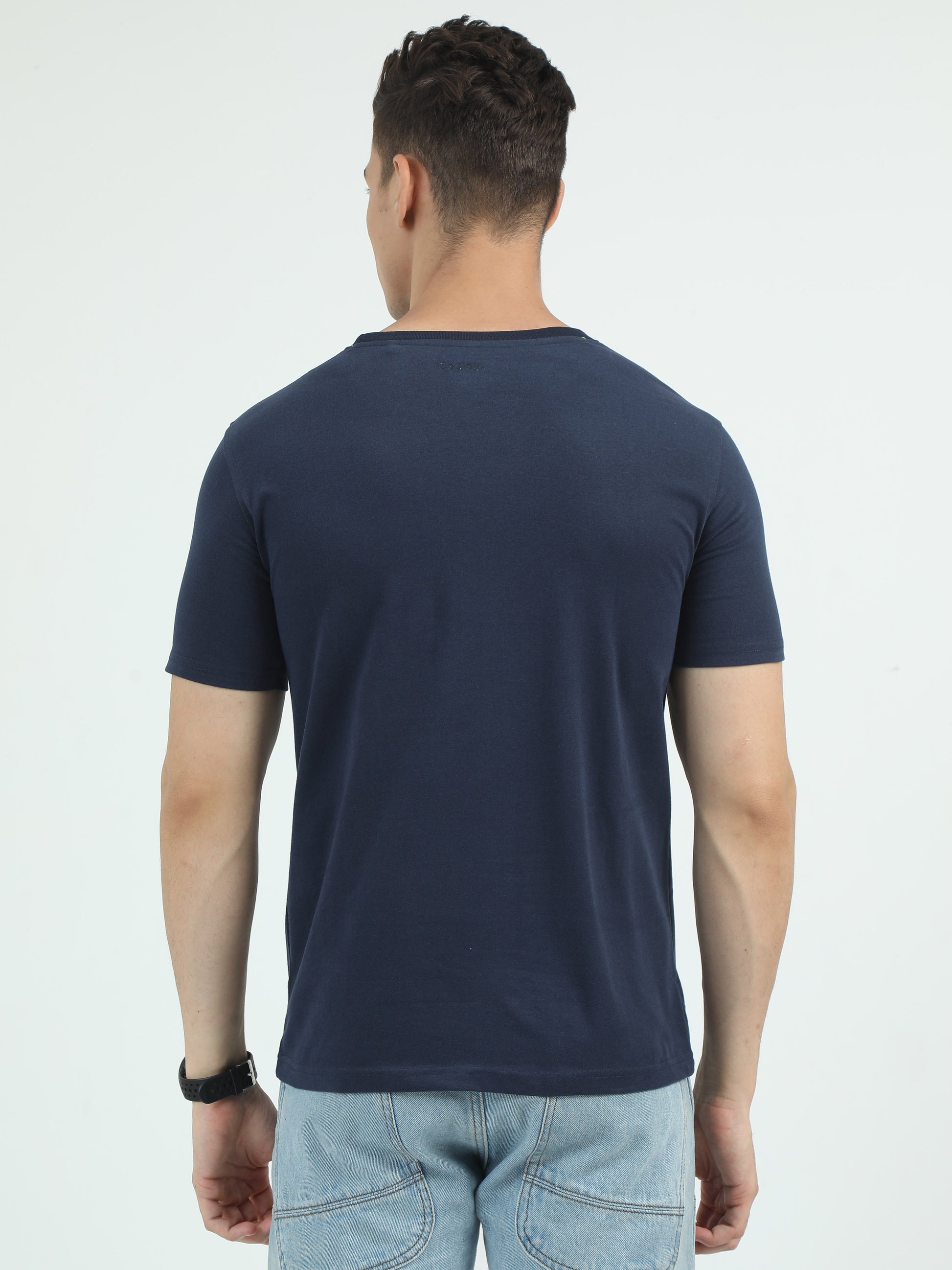 Sustainable Navy Blue Printed Round Neck T Shirt for Men