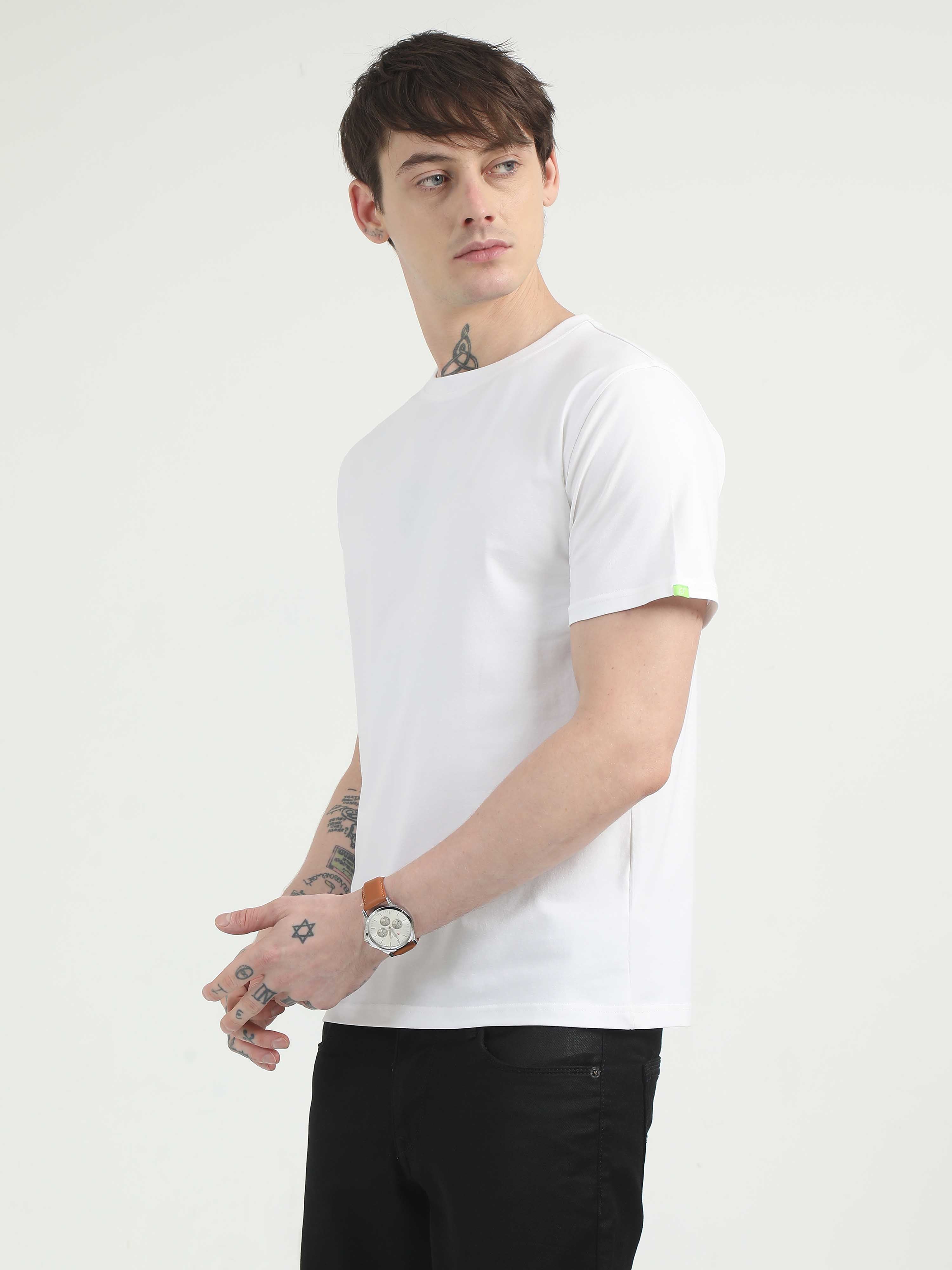 Caslay Organic White Crew Neck Solid T Shirt