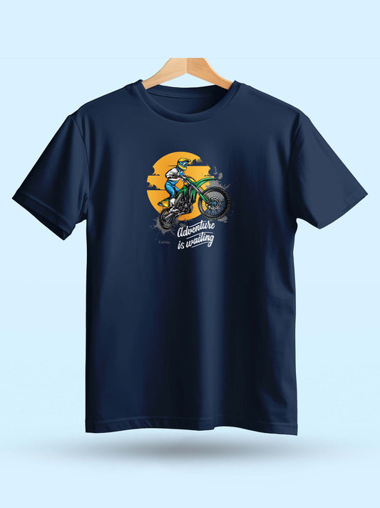  Sustainable Navy blue round neck cotton printed t shirt for Men 