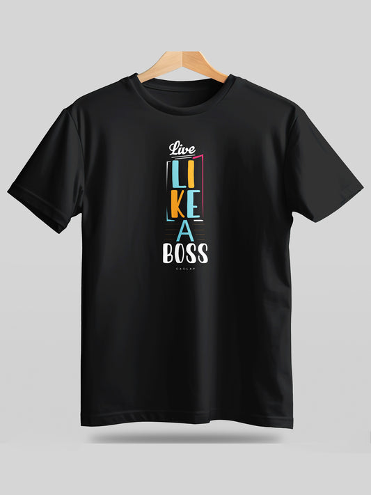 Caslay Sustainable - Live Like A Boss - Black Crew Neck Printed T-Shirt