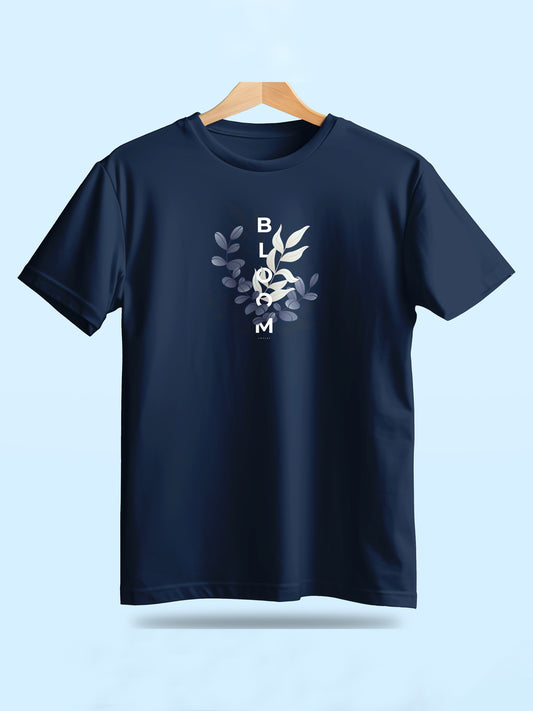 Caslay Sustainable - Bloom - Navy Blue Crew Neck Printed T-Shirt